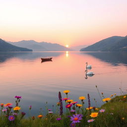 A serene landscape depicting a tranquil lake surrounded by lush green mountains during sunrise