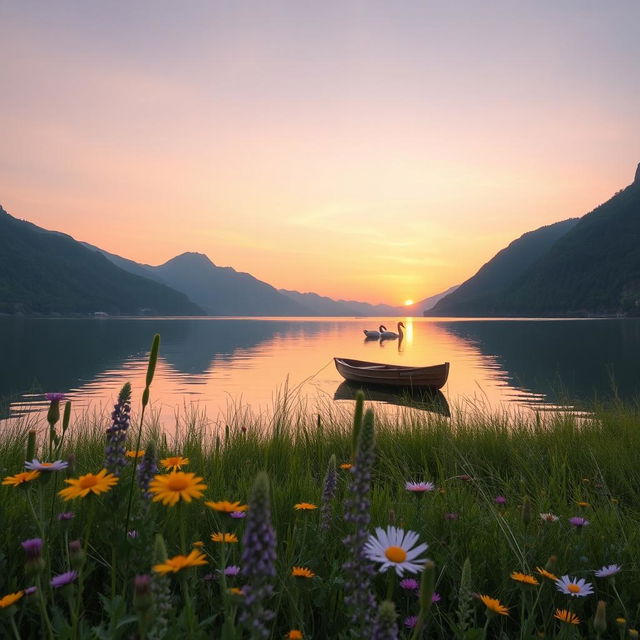 A serene landscape depicting a tranquil lake surrounded by lush green mountains during sunrise