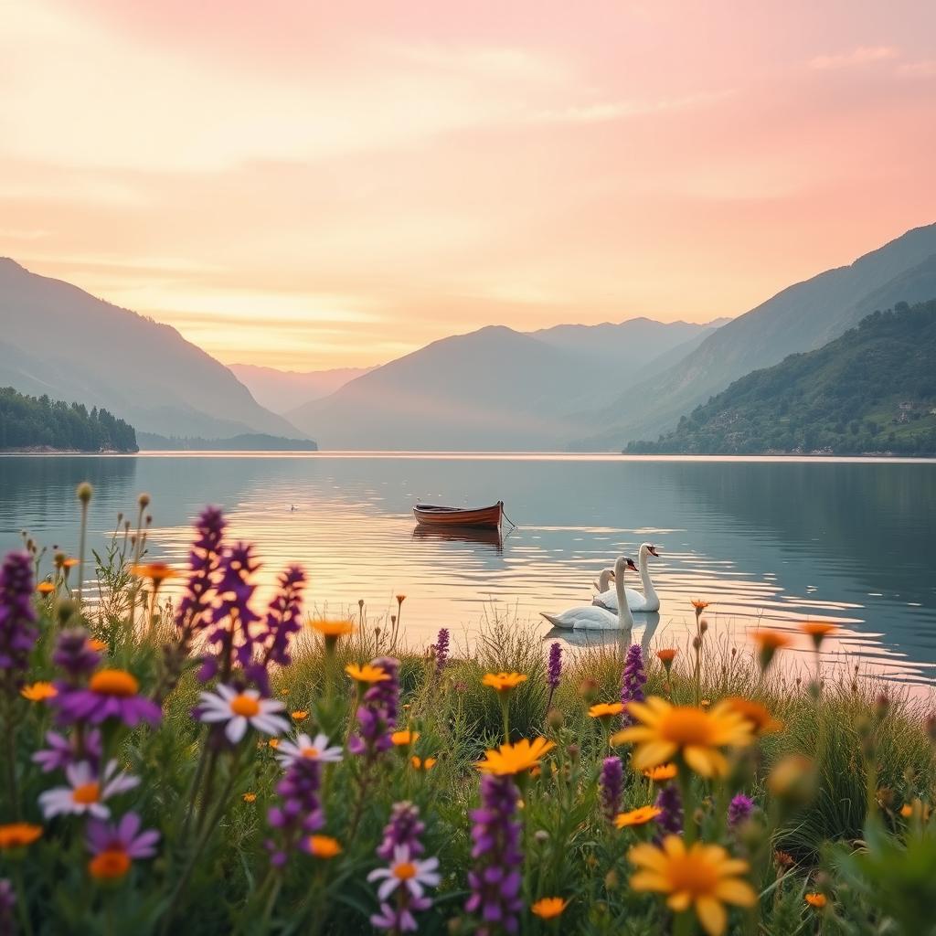 A serene landscape depicting a tranquil lake surrounded by lush green mountains during sunrise