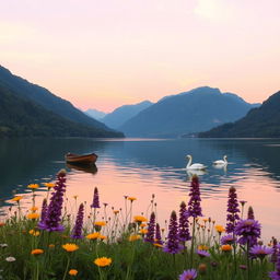 A serene landscape depicting a tranquil lake surrounded by lush green mountains during sunrise