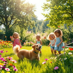 A picturesque summer scene set in a sunlit garden filled with colorful flowers