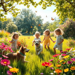 A picturesque summer scene set in a sunlit garden filled with colorful flowers