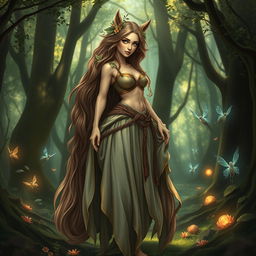 A beautiful centaur druid woman standing in a mystical forest