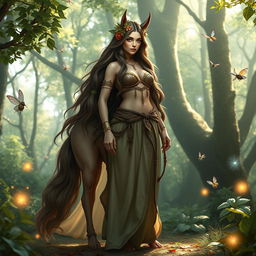 A beautiful centaur druid woman standing in a mystical forest
