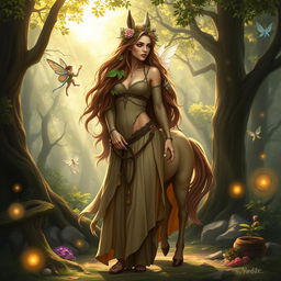 A beautiful centaur druid woman standing in a mystical forest