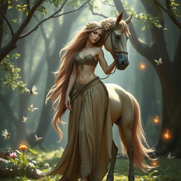 A beautiful centaur druid woman standing in a mystical forest