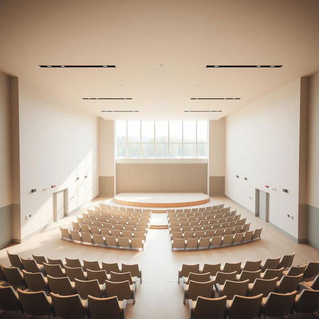 A minimalist design of a small auditorium, featuring clean lines and open spaces