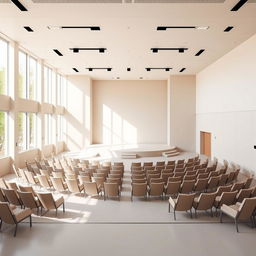A minimalist design of a small auditorium, featuring clean lines and open spaces