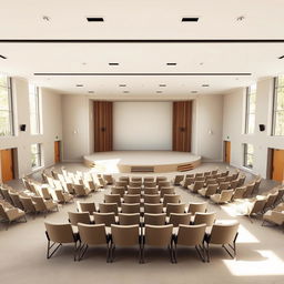 A minimalist design of a small auditorium, featuring clean lines and open spaces