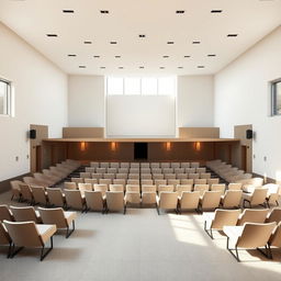 A minimalist design of a small auditorium, featuring clean lines and open spaces