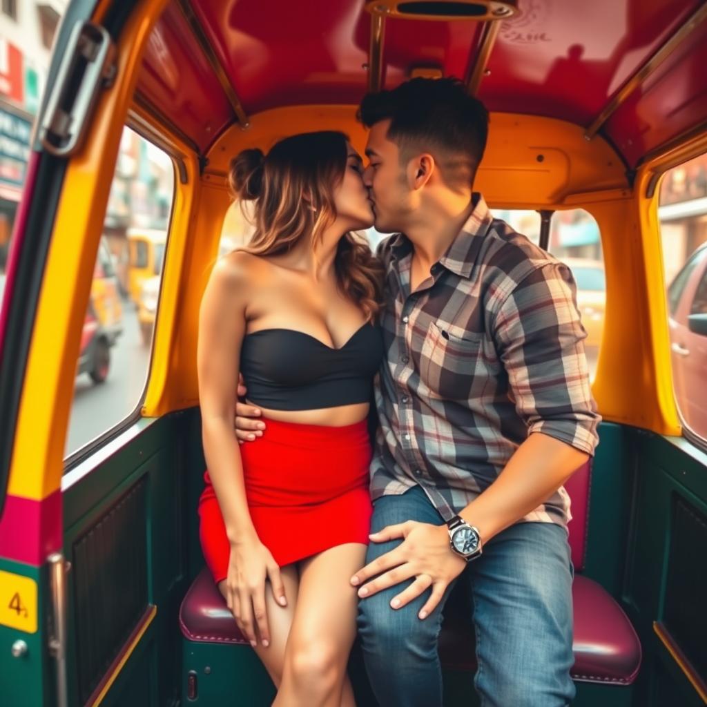 A vibrant and romantic scene inside a colorful auto rickshaw, featuring a fashionable woman in a stylish red mini skirt and a black crop top that shows her cleavage