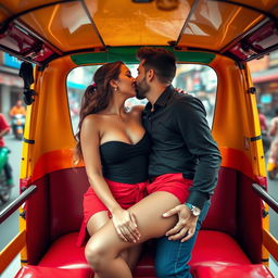 A vibrant and romantic scene inside a colorful auto rickshaw, featuring a fashionable woman in a stylish red mini skirt and a black crop top that shows her cleavage