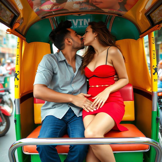 A vibrant and romantic scene inside a colorful auto rickshaw, featuring a fashionable woman in a stylish red mini skirt and a black crop top that shows her cleavage