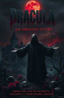A foreboding landscape beneath a blood-red moon casting an eerie glow over a decaying castle, resembling a predator in the night
