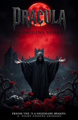 A foreboding landscape beneath a blood-red moon casting an eerie glow over a decaying castle, resembling a predator in the night
