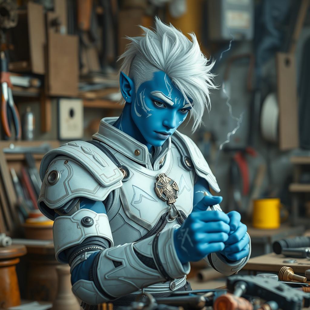 A young male air genasi with blue skin featuring white, shimmering markings, and striking white hair