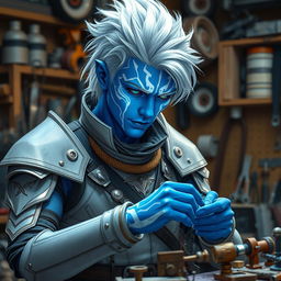 A young male air genasi with blue skin featuring white, shimmering markings, and striking white hair