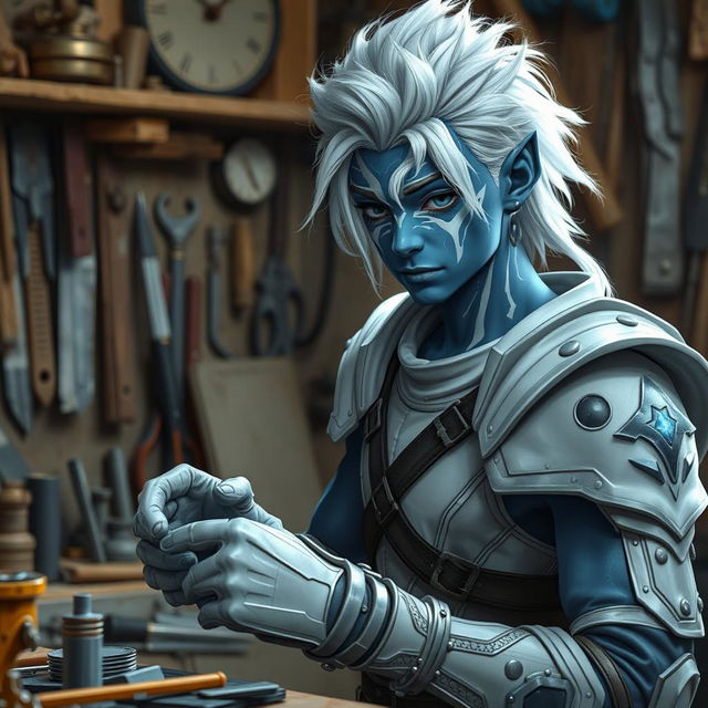 A young male air genasi with blue skin featuring white, shimmering markings, and striking white hair