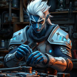 A young male air genasi with blue skin featuring white, shimmering markings, and striking white hair