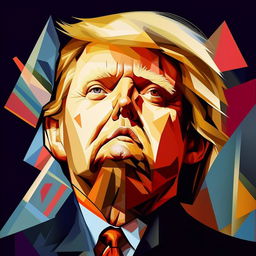 Enhance the previous Picasso-styled Cubist portrait of Donald Trump by increasing the distortion. Strengthen the geometrical forms and multiple perspectives to make the portrait highly abstract.