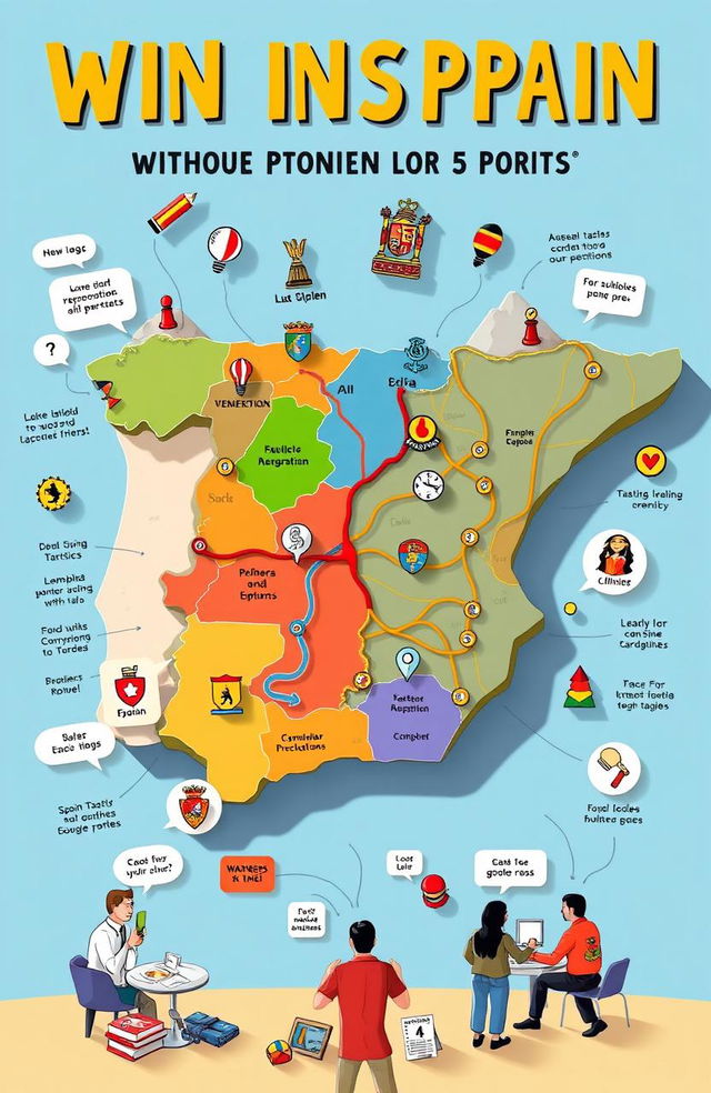 A vibrant and engaging visual representation of a strategic game board emphasizing the concept of winning Spain without physical confrontation or sports