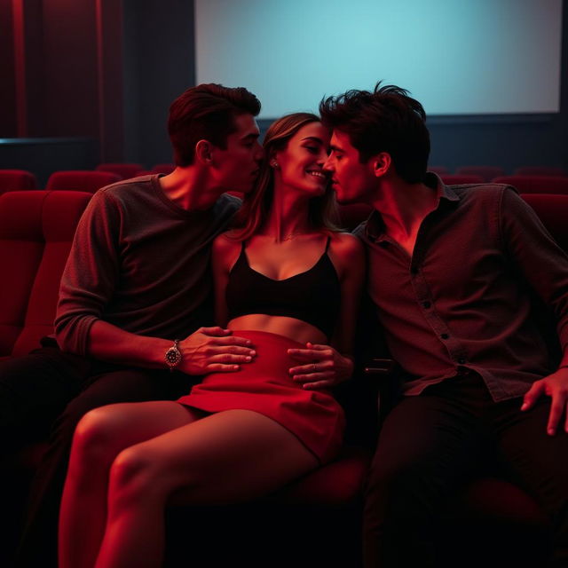 A playful and romantic scene inside a dimly lit movie theater, featuring a fashionable woman in a stylish red mini skirt and a black crop top that shows her cleavage