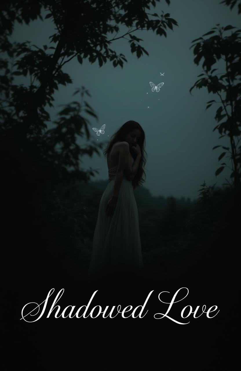 A serene and romantic nature scene featuring a female figure gracefully poised amidst dark, lush foliage