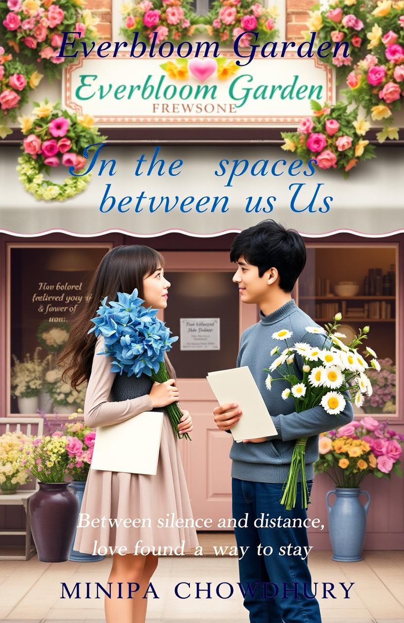 A heartfelt book cover featuring a girl and a guy standing in front of a charming flower shop named 'Everbloom Garden'