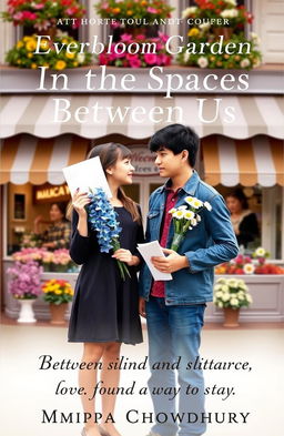 A heartfelt book cover featuring a girl and a guy standing in front of a charming flower shop named 'Everbloom Garden'