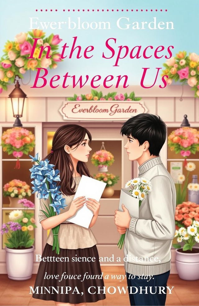 A heartfelt book cover featuring a girl and a guy standing in front of a charming flower shop named 'Everbloom Garden'