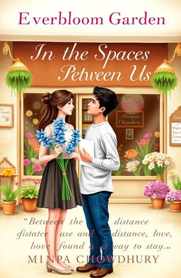 A heartfelt book cover featuring a girl and a guy standing in front of a charming flower shop named 'Everbloom Garden'