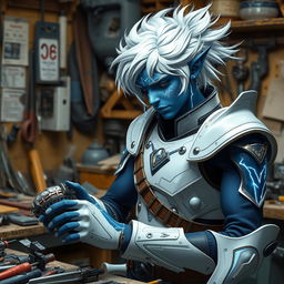 A young male air genasi with blue skin adorned with white, shimmering markings and striking white hair