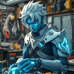 A young male air genasi with blue skin adorned with white, shimmering markings and striking white hair