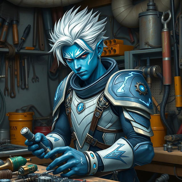 A young male air genasi with blue skin adorned with white, shimmering markings and striking white hair