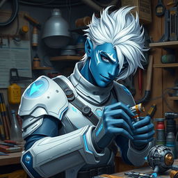 A young male air genasi with blue skin adorned with white, shimmering markings and striking white hair