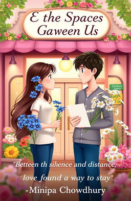 A whimsical, animated book cover featuring a girl and a guy standing in front of a charming flower shop named "Everbloom Garden"