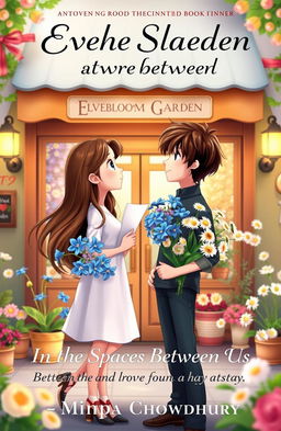 A whimsical, animated book cover featuring a girl and a guy standing in front of a charming flower shop named "Everbloom Garden"