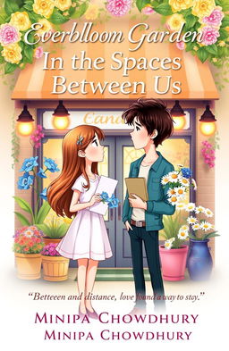 A whimsical, animated book cover featuring a girl and a guy standing in front of a charming flower shop named "Everbloom Garden"