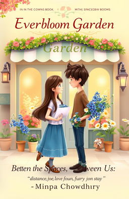 A whimsical, animated book cover featuring a girl and a guy standing in front of a charming flower shop named "Everbloom Garden"