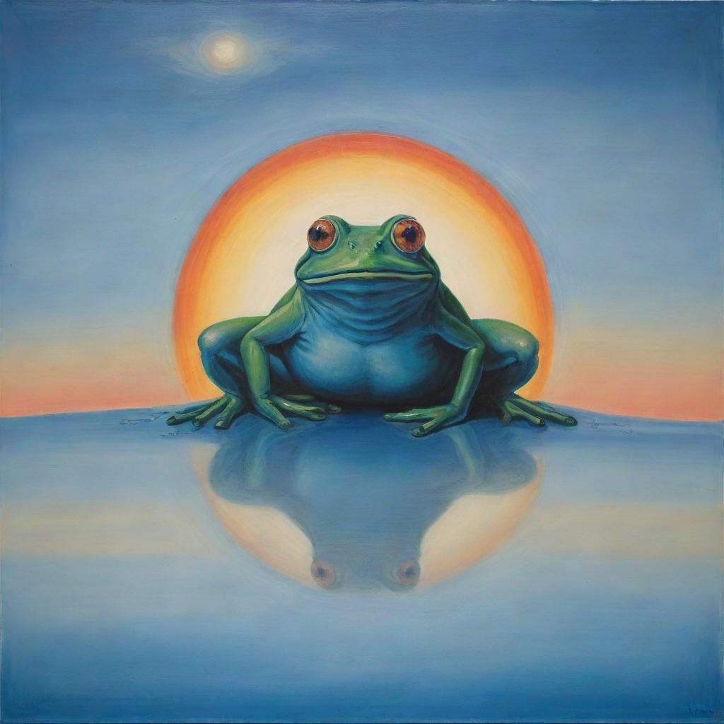 A Salvador Dali inspired artwork featuring a sinister frog in front of a rising sun. The scene is colored with soft pastels, predominantly in various shades of blue.