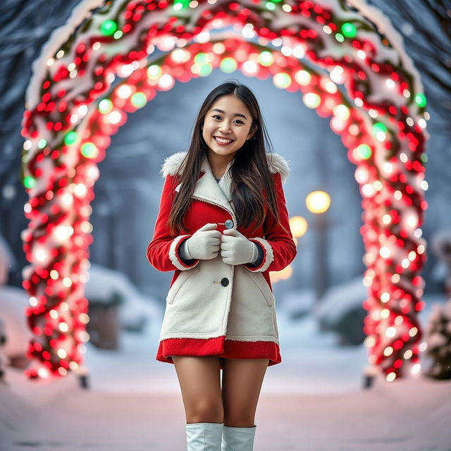 An 18-year-old Asian girl with straight white teeth, smiling joyfully