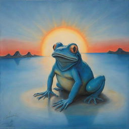 A Salvador Dali inspired artwork featuring a sinister frog in front of a rising sun. The scene is colored with soft pastels, predominantly in various shades of blue.