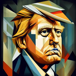 Enhance the previous Picasso-styled Cubist portrait of Donald Trump by increasing the distortion. Strengthen the geometrical forms and multiple perspectives to make the portrait highly abstract.