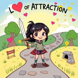 A dynamic cartoon illustration featuring a young girl with black hair, depicted as a brave character holding a whimsical, oversized sword