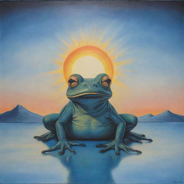 A Salvador Dali inspired artwork featuring a sinister frog in front of a rising sun. The scene is colored with soft pastels, predominantly in various shades of blue.