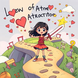A dynamic cartoon illustration featuring a young girl with black hair, depicted as a brave character holding a whimsical, oversized sword