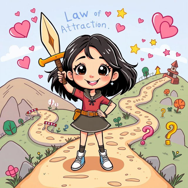 A dynamic cartoon illustration featuring a young girl with black hair, depicted as a brave character holding a whimsical, oversized sword