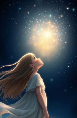 A beautiful girl gazing up at a starry night sky filled with twinkling stars, set against a deep dark blue background