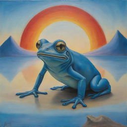 A Salvador Dali inspired artwork featuring a sinister frog in front of a rising sun. The scene is colored with soft pastels, predominantly in various shades of blue.