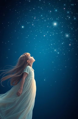 A beautiful girl gazing up at a starry night sky filled with twinkling stars, set against a deep dark blue background